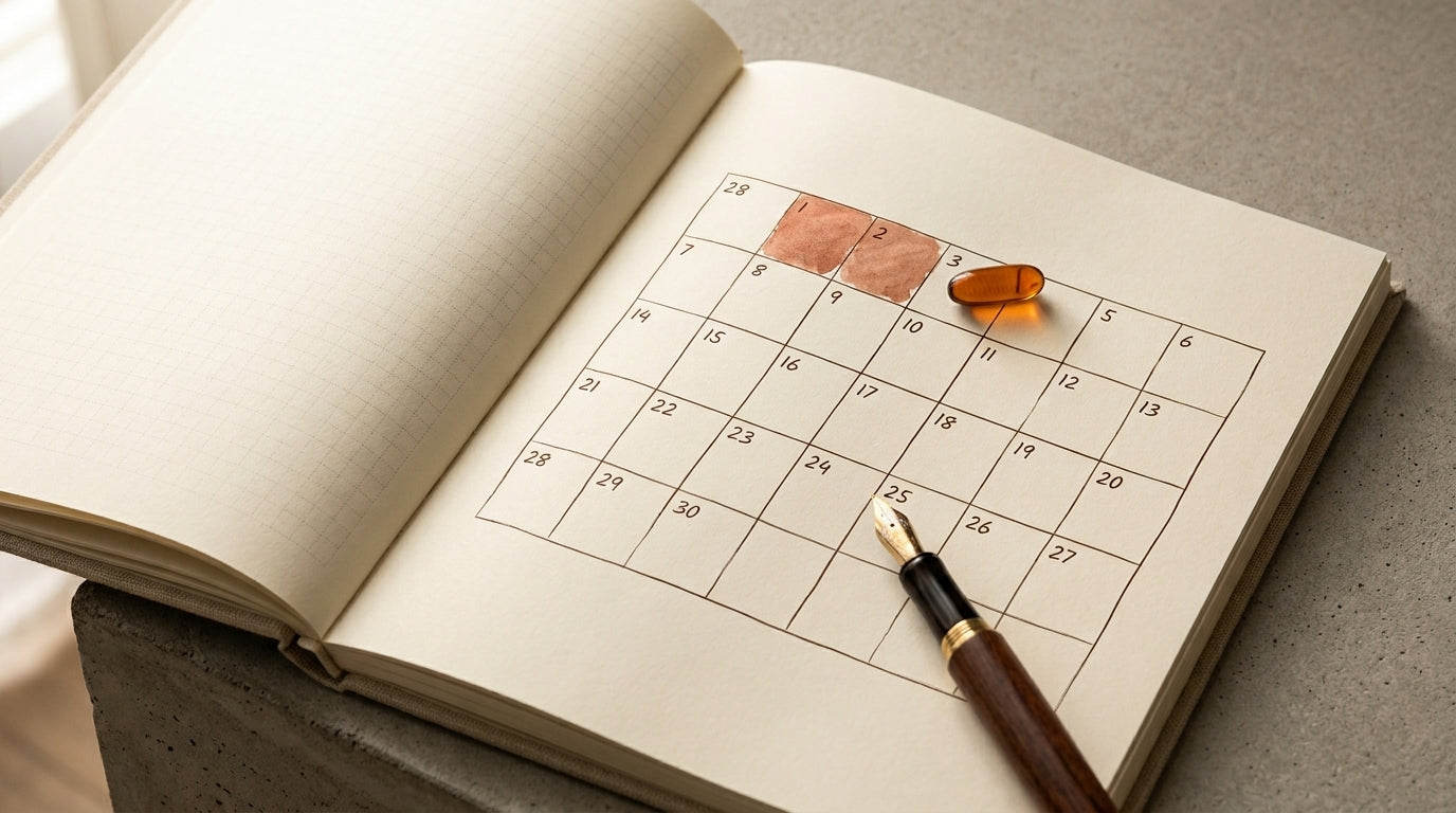 Editorial still life of an open notebook with a marked monthly calendar and a small amber capsule