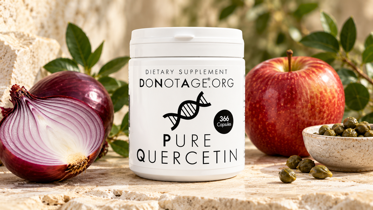 DoNotAge Pure Quercetin jar beside red onion, apple and capers in an illustrative editorial setting