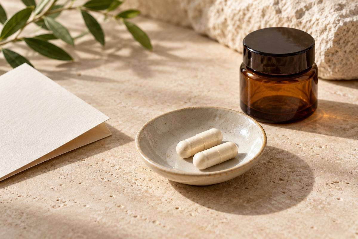 Unbranded capsules and an amber container illustrating supplement label and dose discussion