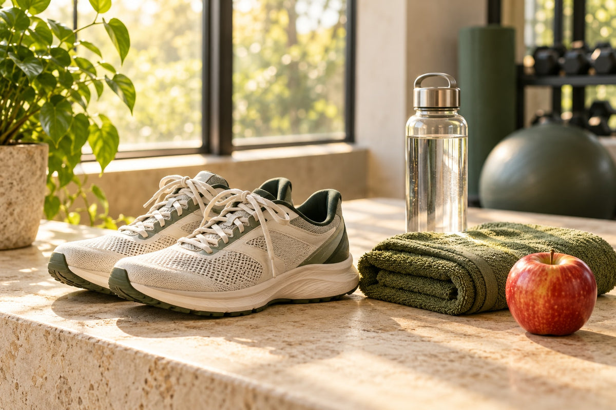 Running shoes, water and a towel illustrating exercise and recovery