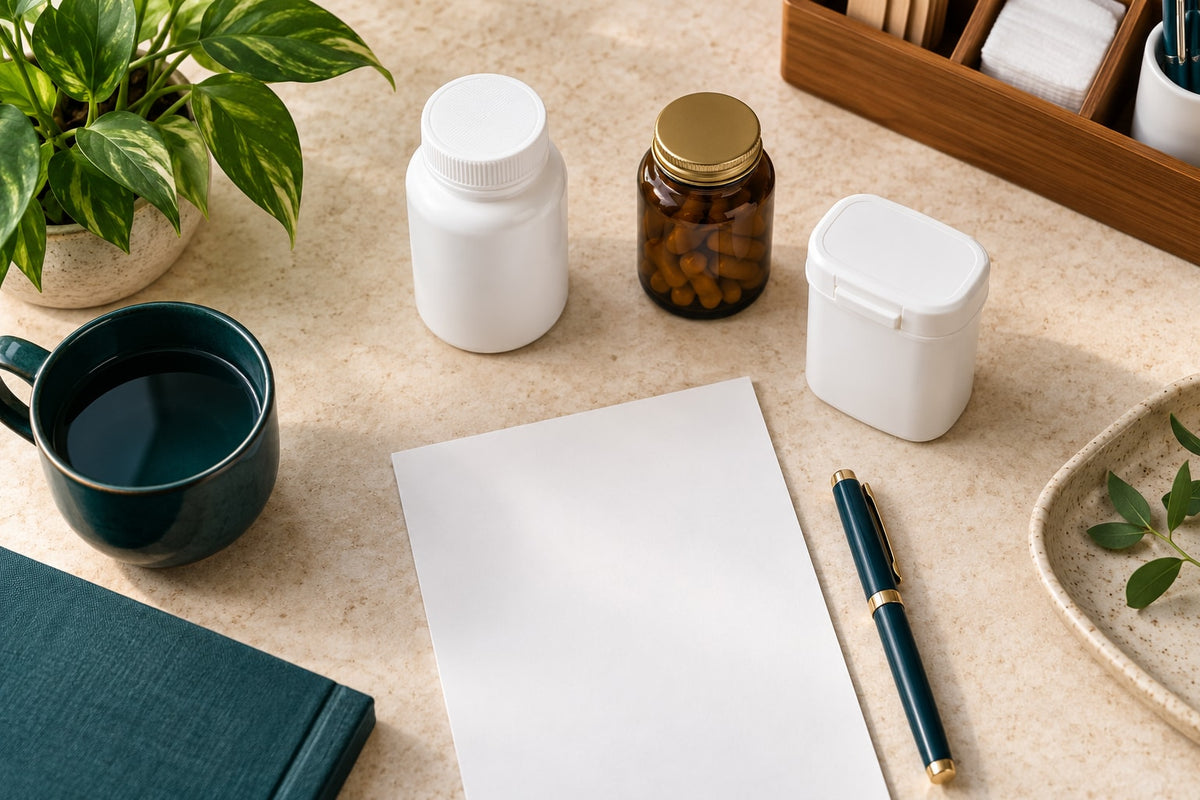 Unbranded medicine and supplement containers beside a medication-list page