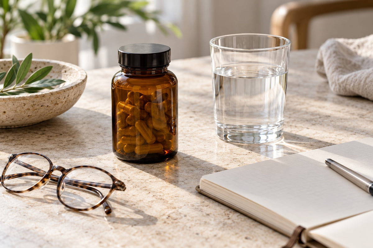 Supplement container, water and notebook illustrating a safety discussion