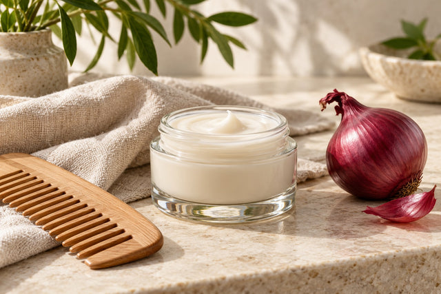 Cosmetic jar and comb illustrating the distinction between skin and hair interventions