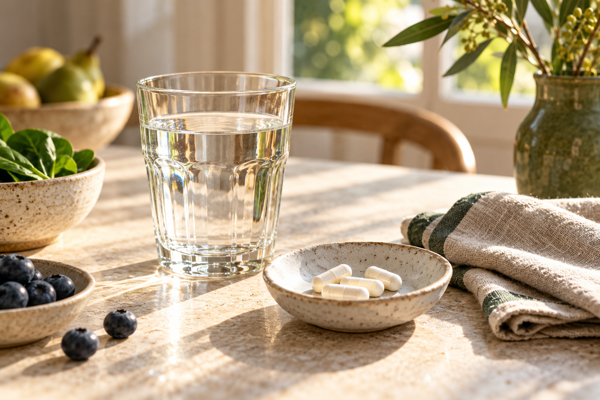 A morning table with water and capsules.