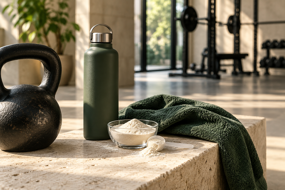 Training equipment, water and supplement powder.
