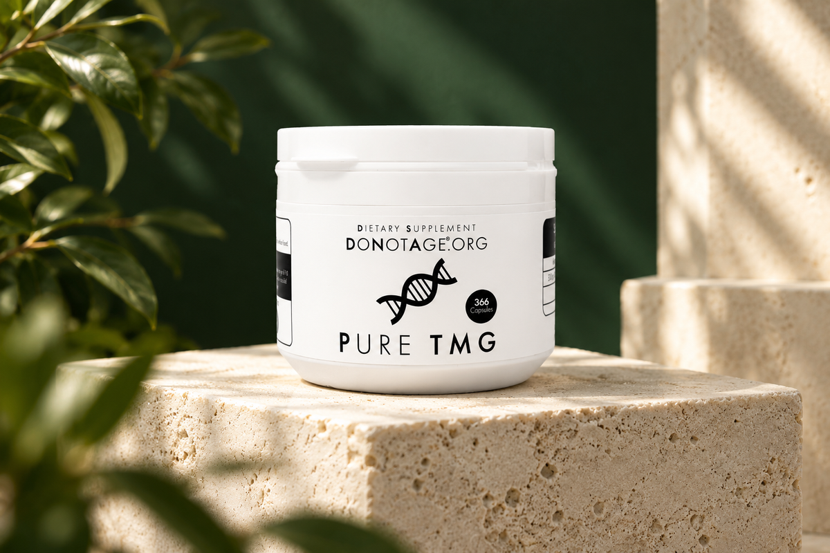 DoNotAge Pure TMG 366-capsule bottle on an ivory pedestal.