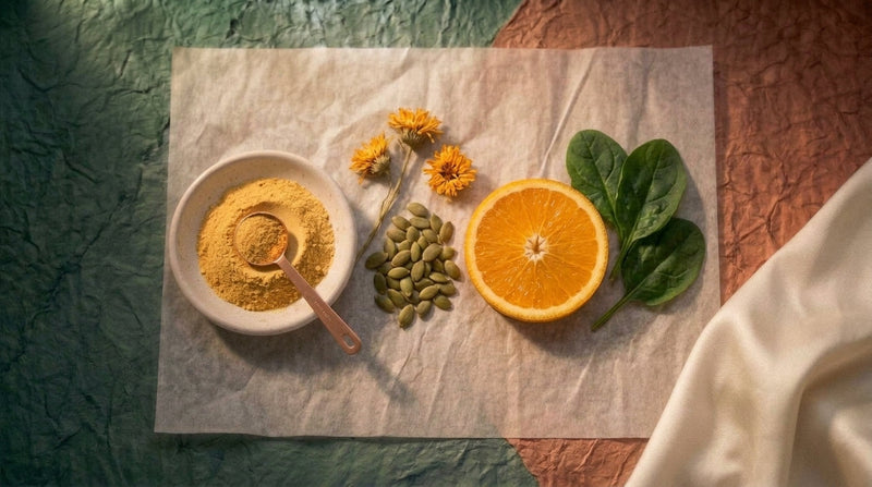 Editorial still life of plant-based collagen alternatives — nuts, seeds, greens, and citrus