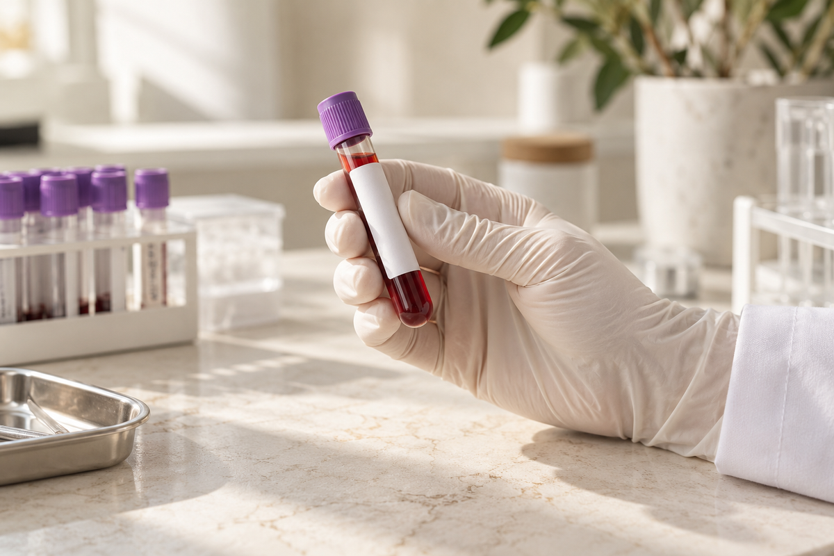 Gloved hand holding a sealed blood-sample tube with a blank label.