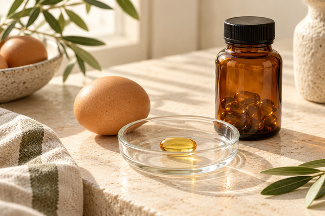 Golden softgel, egg and amber bottle in natural light.