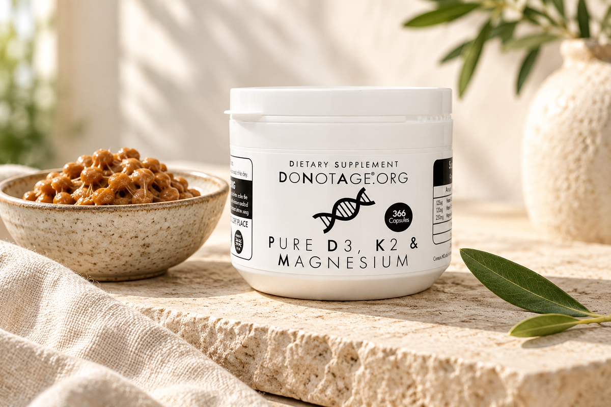 DoNotAge D3, K2 and magnesium jar with natto in sunlight.