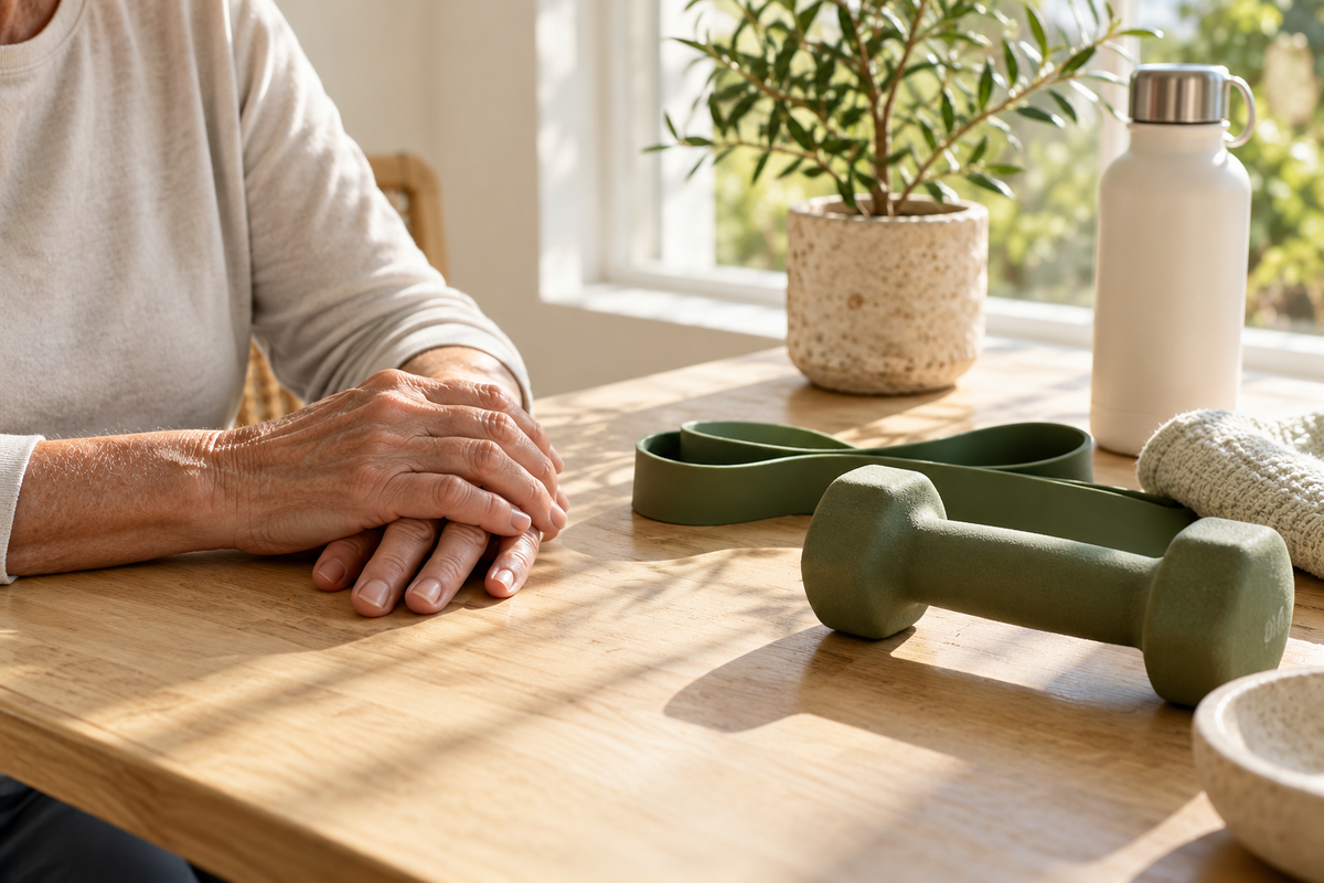 Hands beside a resistance band and a small dumbbell in natural light.