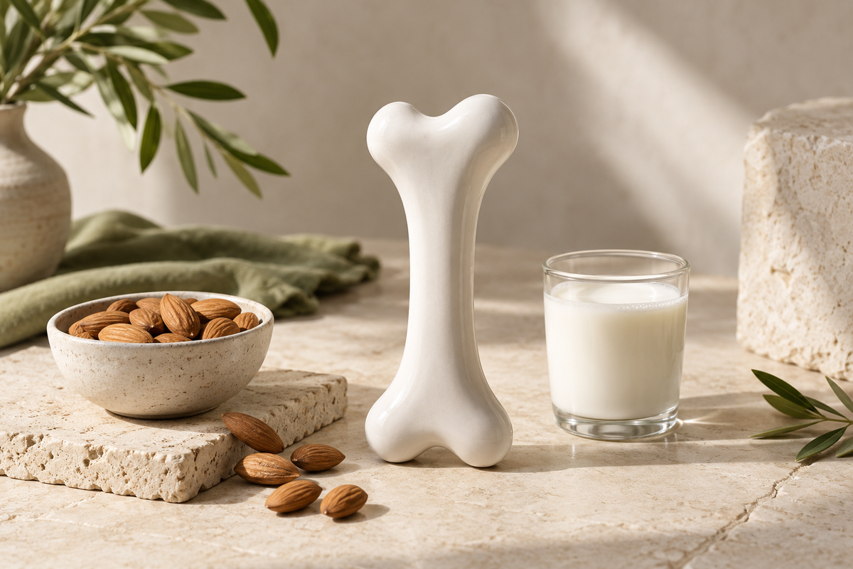Bone-shaped porcelain sculpture beside almonds and milk.