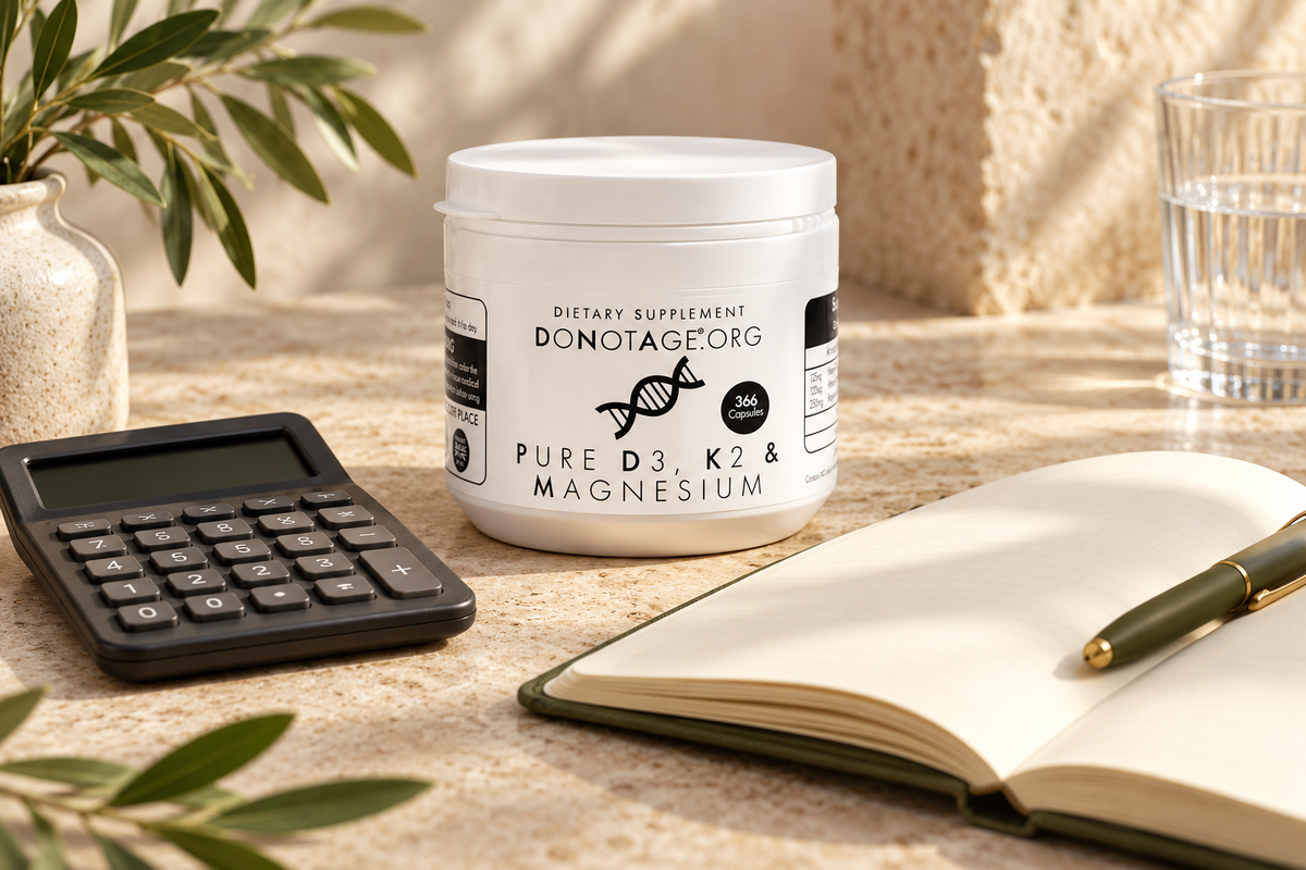 DoNotAge combination jar beside a calculator and notebook.