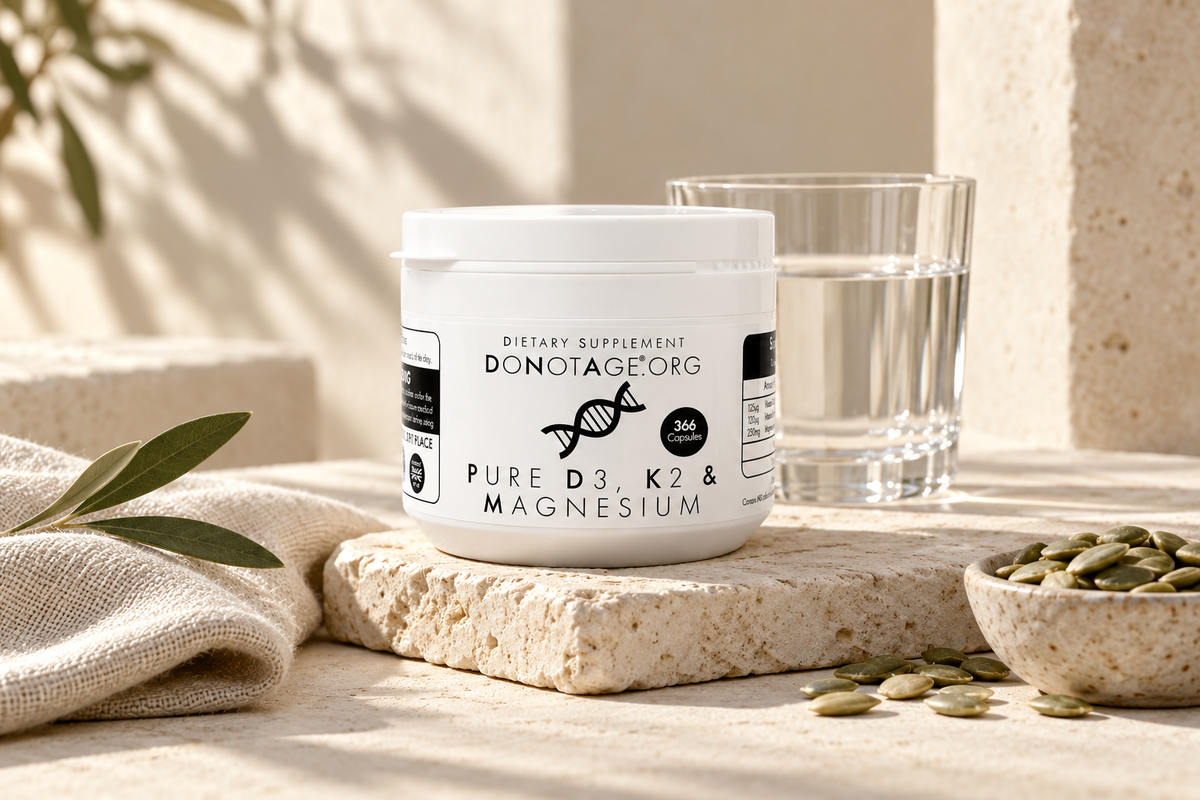 DoNotAge Pure D3, K2 and Magnesium jar with water and pumpkin seeds.