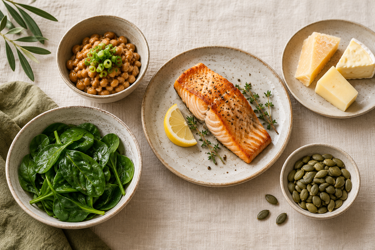 Natto, salmon, pumpkin seeds, spinach and cheese on ceramic dishes.