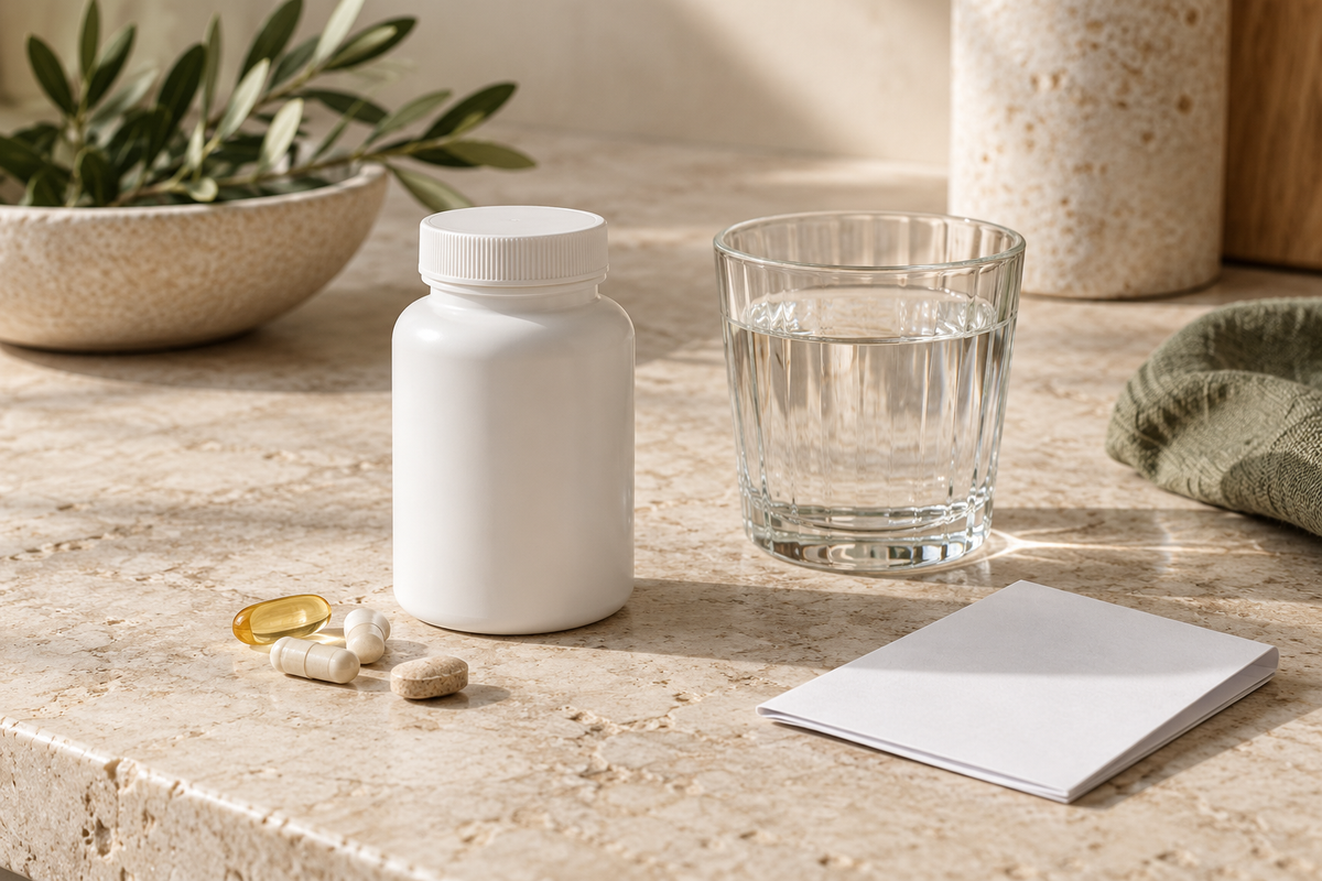 Plain supplement container, water and a medication note.