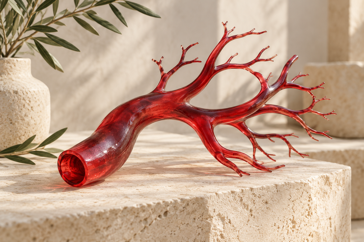Abstract red branching glass sculpture suggesting vascular research.