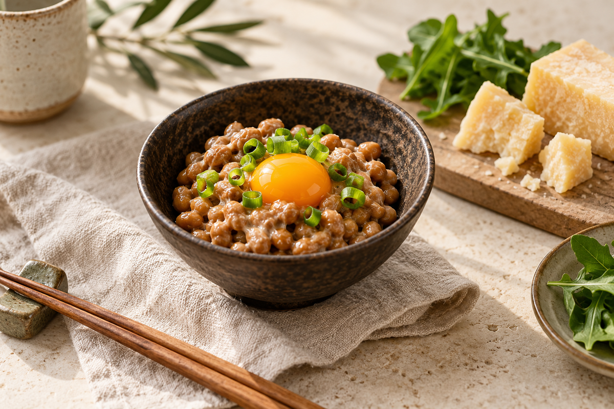 Natto, egg and cheese arranged as vitamin K2 food examples.