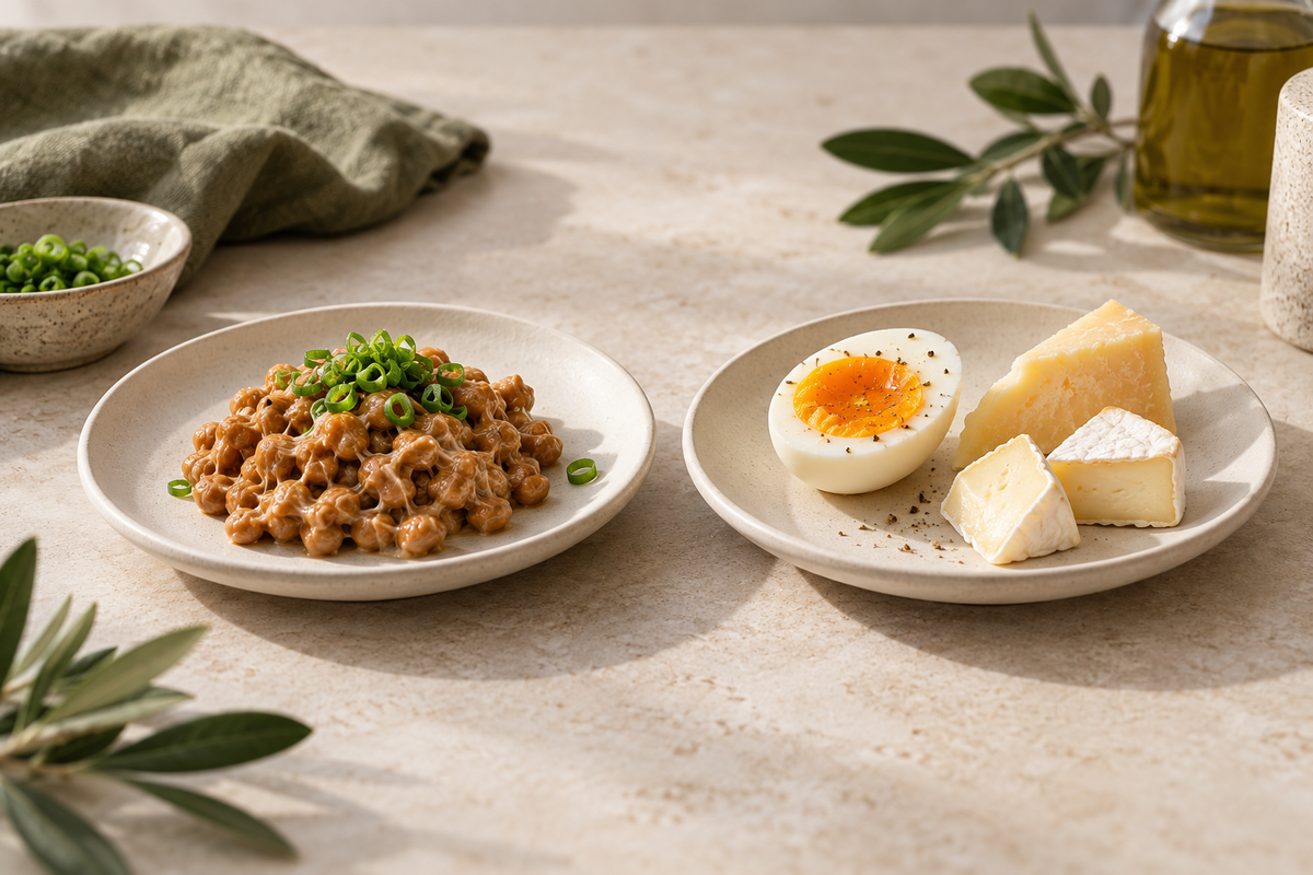 Natto beside egg and cheese in a vitamin K2 comparison still life.