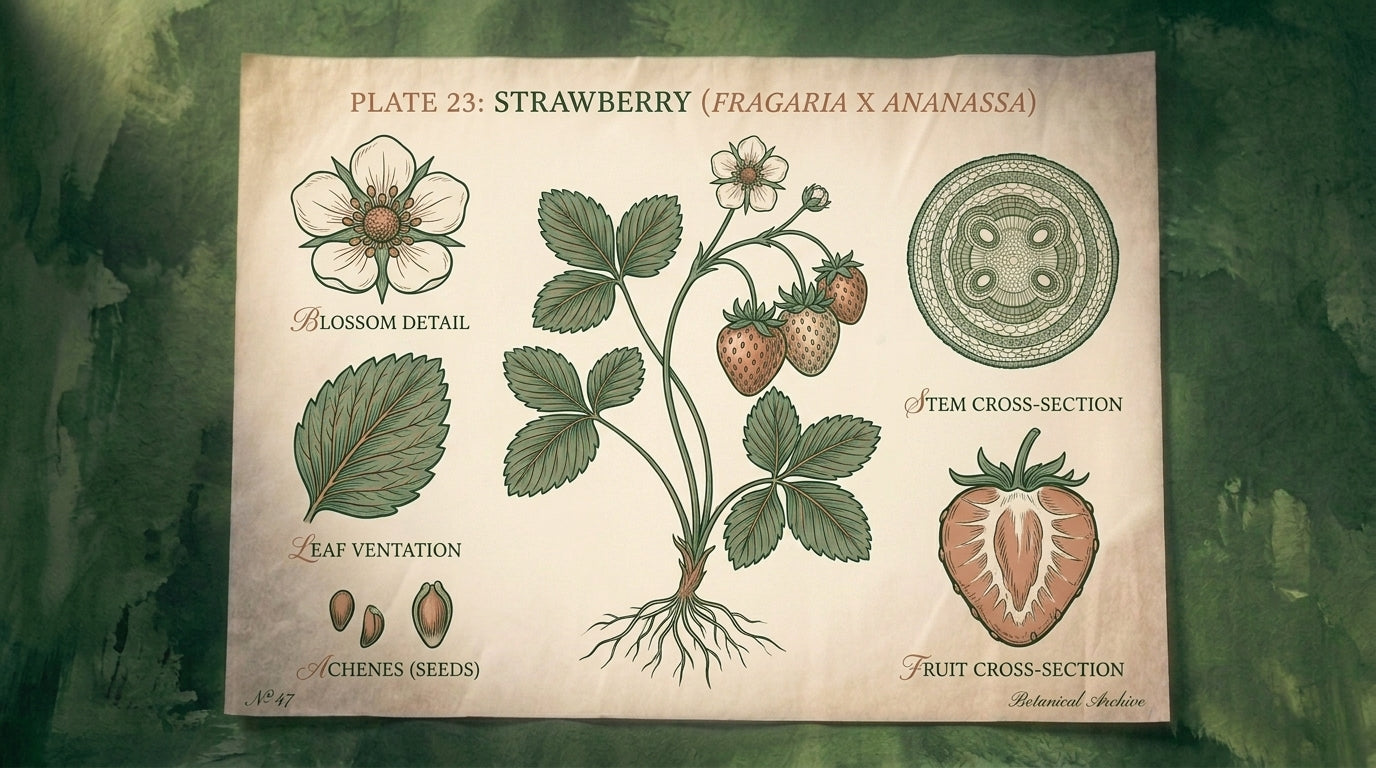 Illustrated botanical study of strawberries with leaf, blossom, and cross-section on parchment
