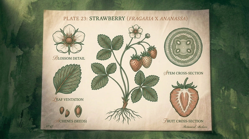 Illustrated botanical study of strawberries with leaf, blossom, and cross-section on parchment