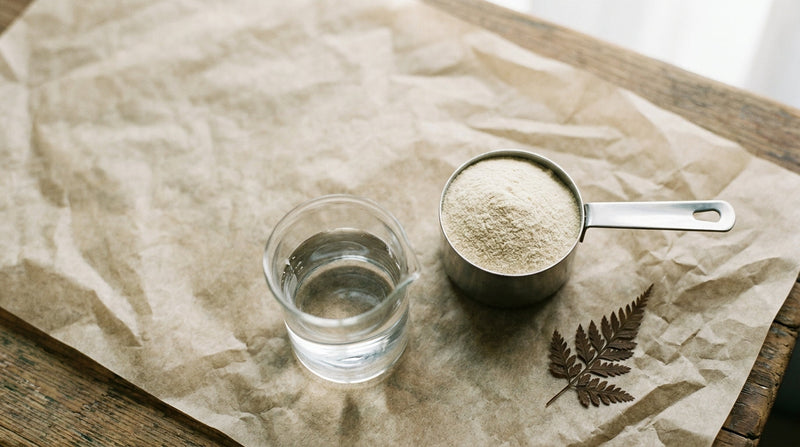 Aerial view of hydrolysed collagen peptides powder in a stainless steel scoop on parchment paper