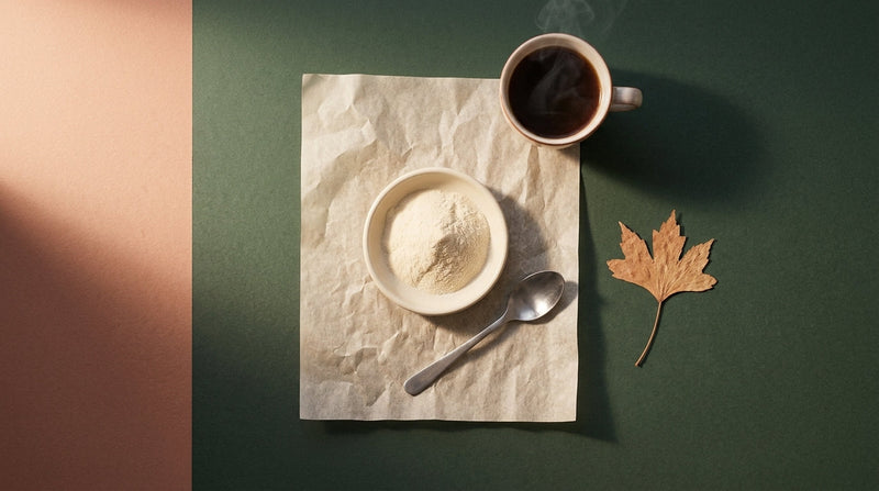 Editorial still life of hydrolysed collagen powder alongside a coffee cup and morning routine items