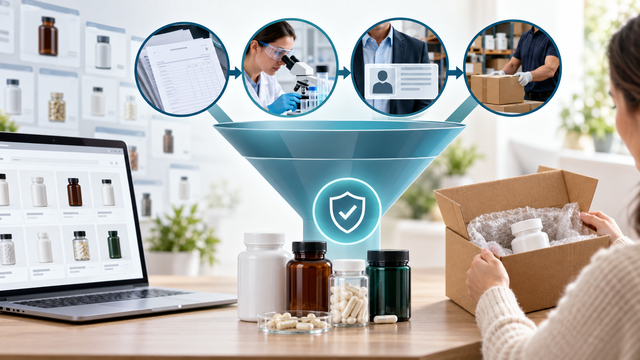 NMN purchasing-safety funnel highlighting lot documentation, laboratory testing, seller transparency and fulfillment.
