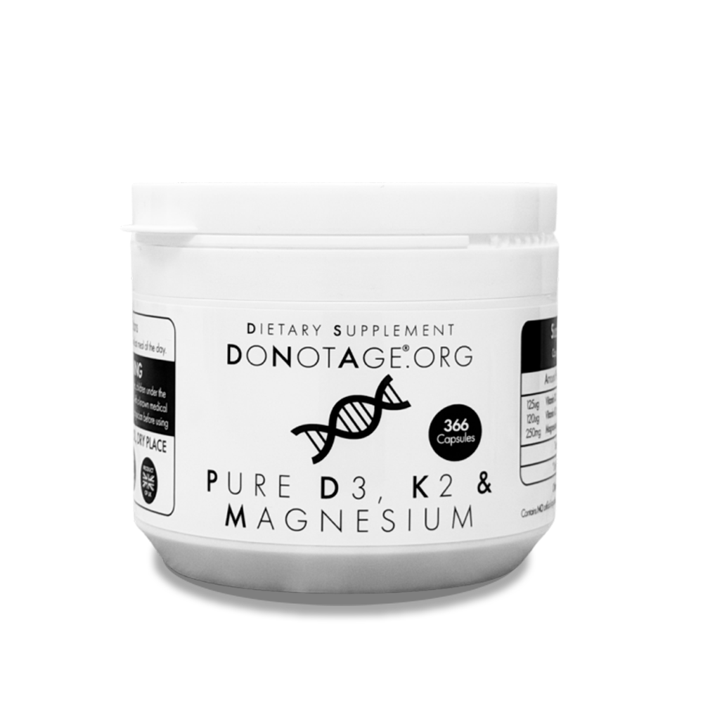 DoNotAge Pure Vitamin D3, K2 and Magnesium 366-capsule bottle.