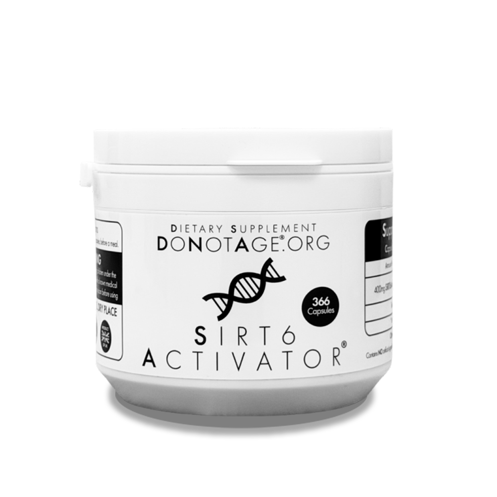 DoNotAge SIRT6Activator bottle, a Fucus vesiculosus fucoidan supplement developed to activate SIRT6