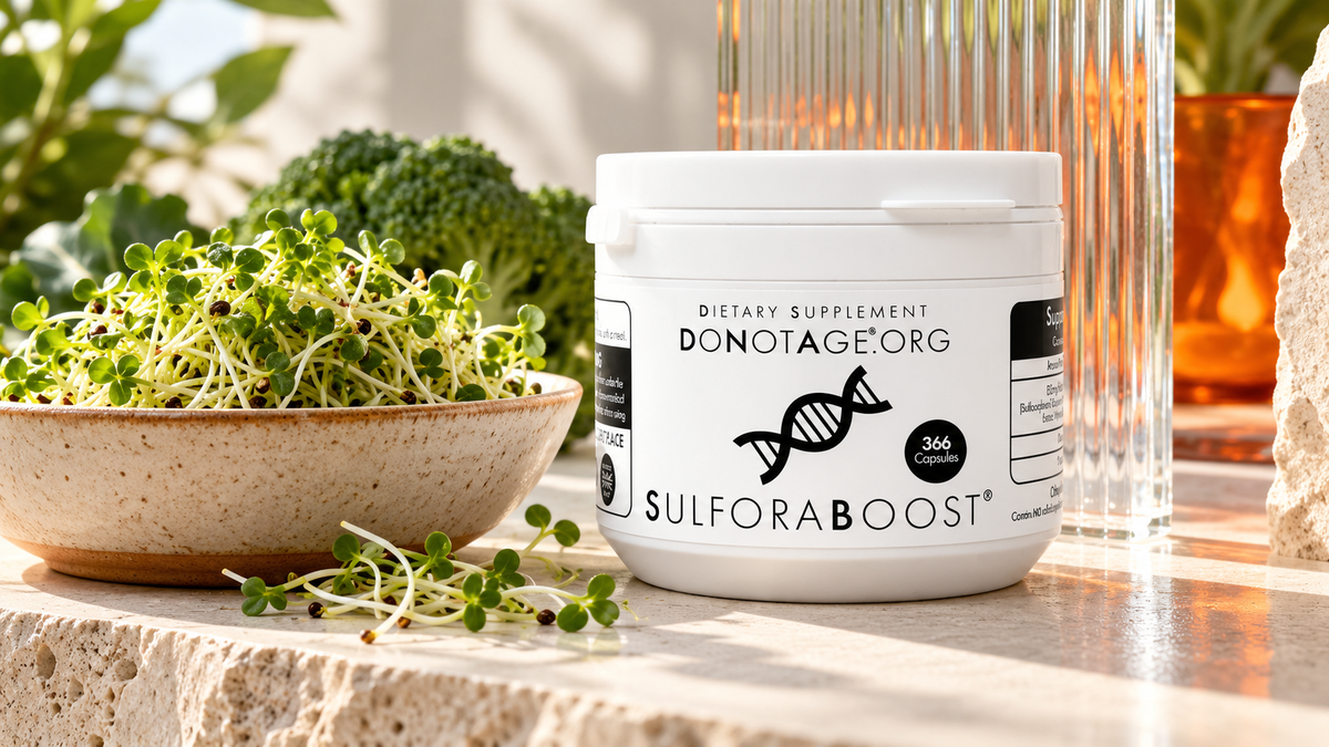 DoNotAge SulforaBoost beside a glass bowl of broccoli sprouts.