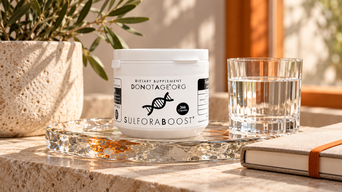 DoNotAge SulforaBoost beside water and a notebook.