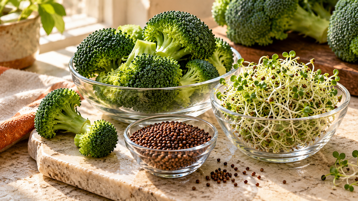 Broccoli, broccoli sprouts and mustard seeds on glass.