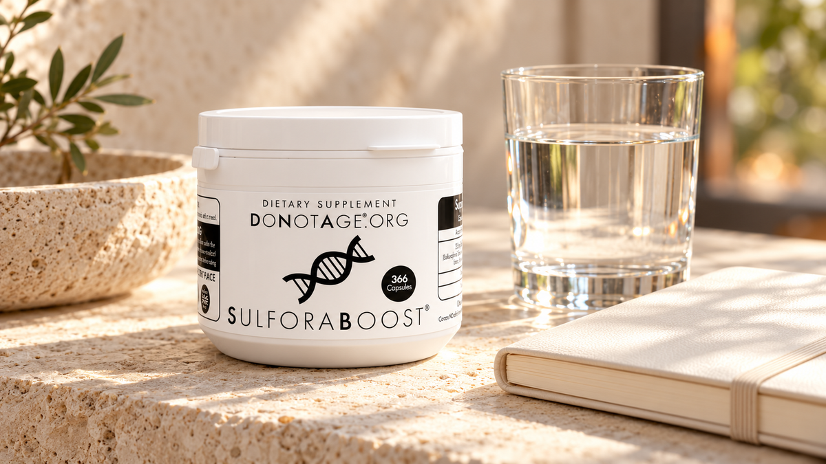 DoNotAge SulforaBoost with water and a closed notebook.