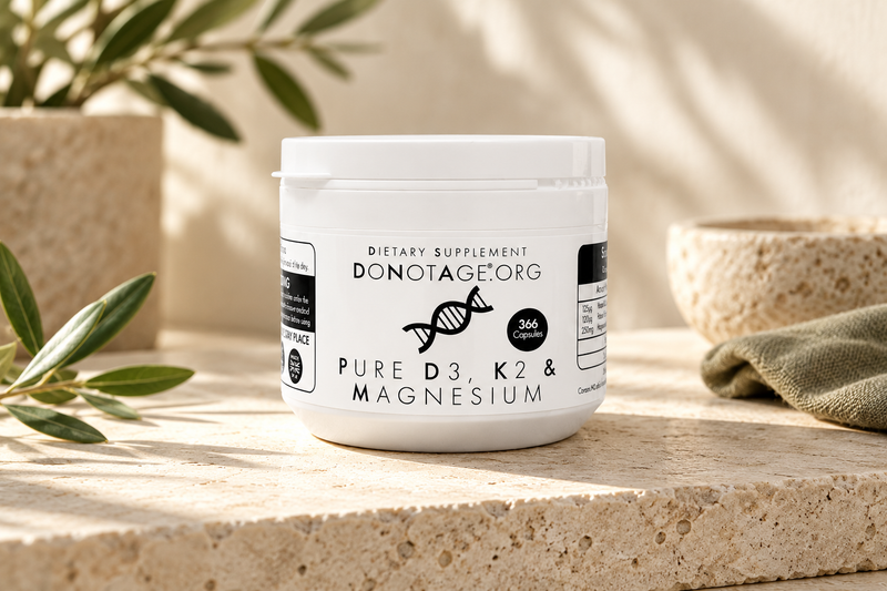 Editorial close-up of the DoNotAge Pure D3, K2 and Magnesium jar.