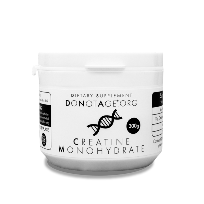 DoNotAge Creatine Monohydrate powder container, 300 g unflavoured creatine with 5 g scoop