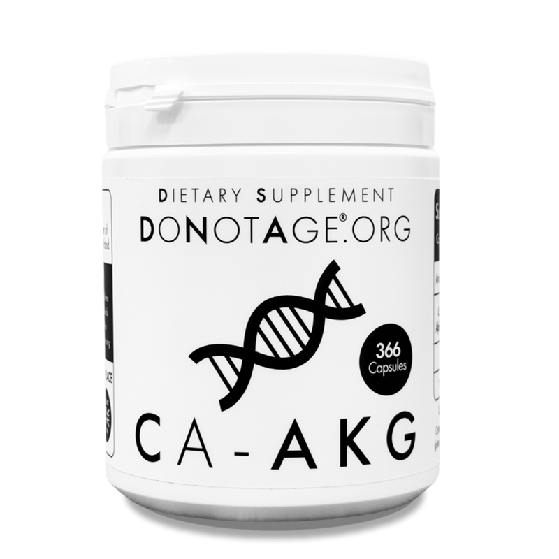 DoNotAge Ca-AKG supplement bottle — 400 mg calcium alpha-ketoglutarate per capsule