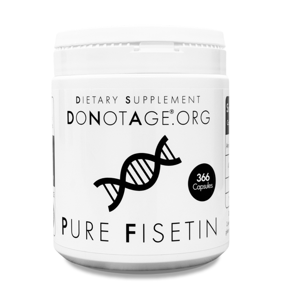 DoNotAge Pure Fisetin annual container: 366 capsules, 400 mg per capsule; standalone bottles contain 60 capsules