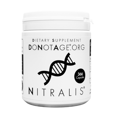 DoNotAge Nitralis® bottle, nitric oxide support supplement, white jar with black DNA emblem