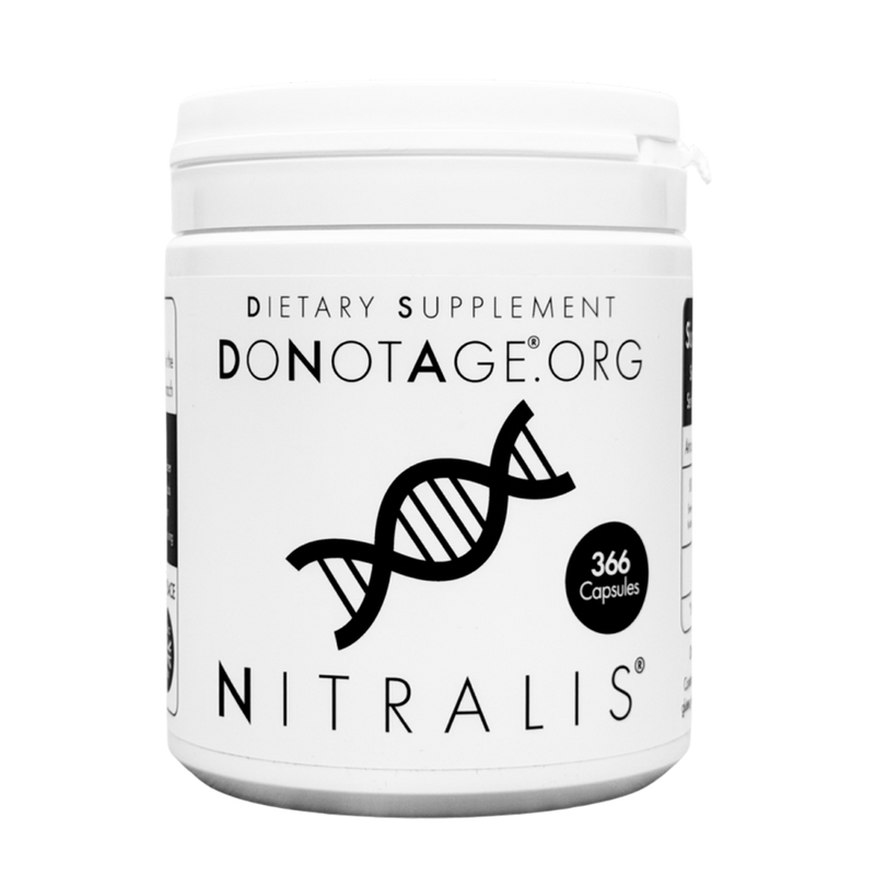 DoNotAge Nitralis supplement, white jar of 366 capsules with black DNA emblem