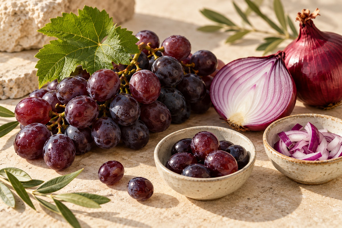 Purple grapes and red onion illustrating resveratrol and quercetin food sources