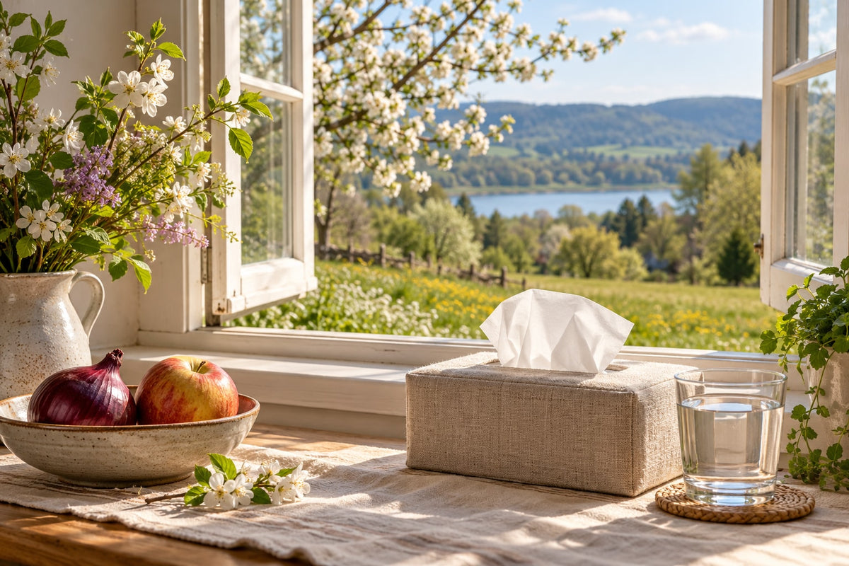 Tissues and water by a springtime window illustrating seasonal allergy symptoms