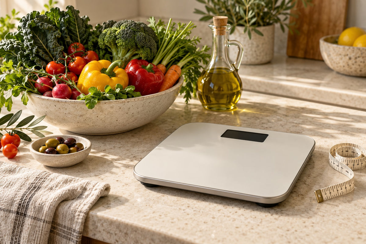 Vegetables and a scale with no reading displayed illustrating metabolic-health discussion