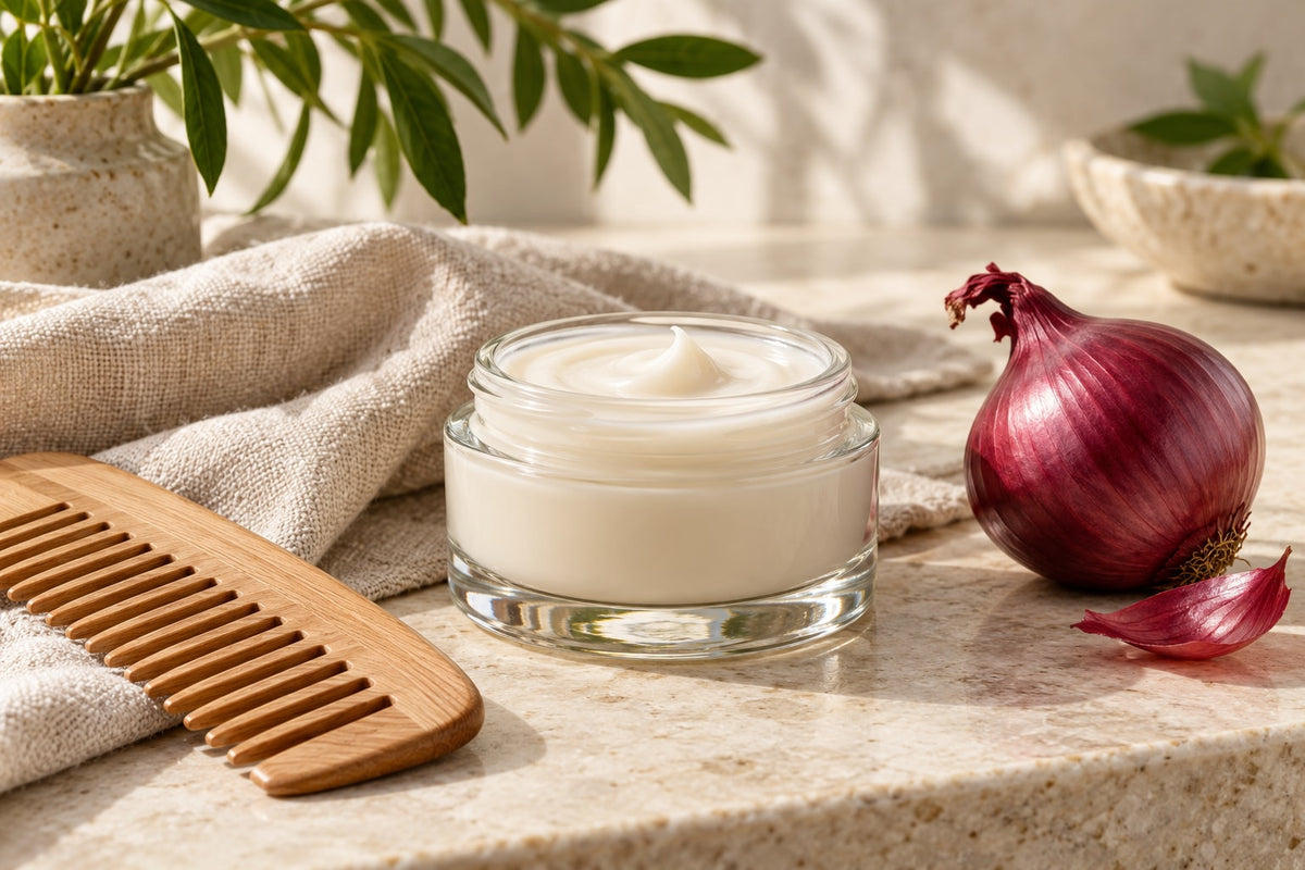 Cosmetic jar and comb illustrating the distinction between skin and hair interventions