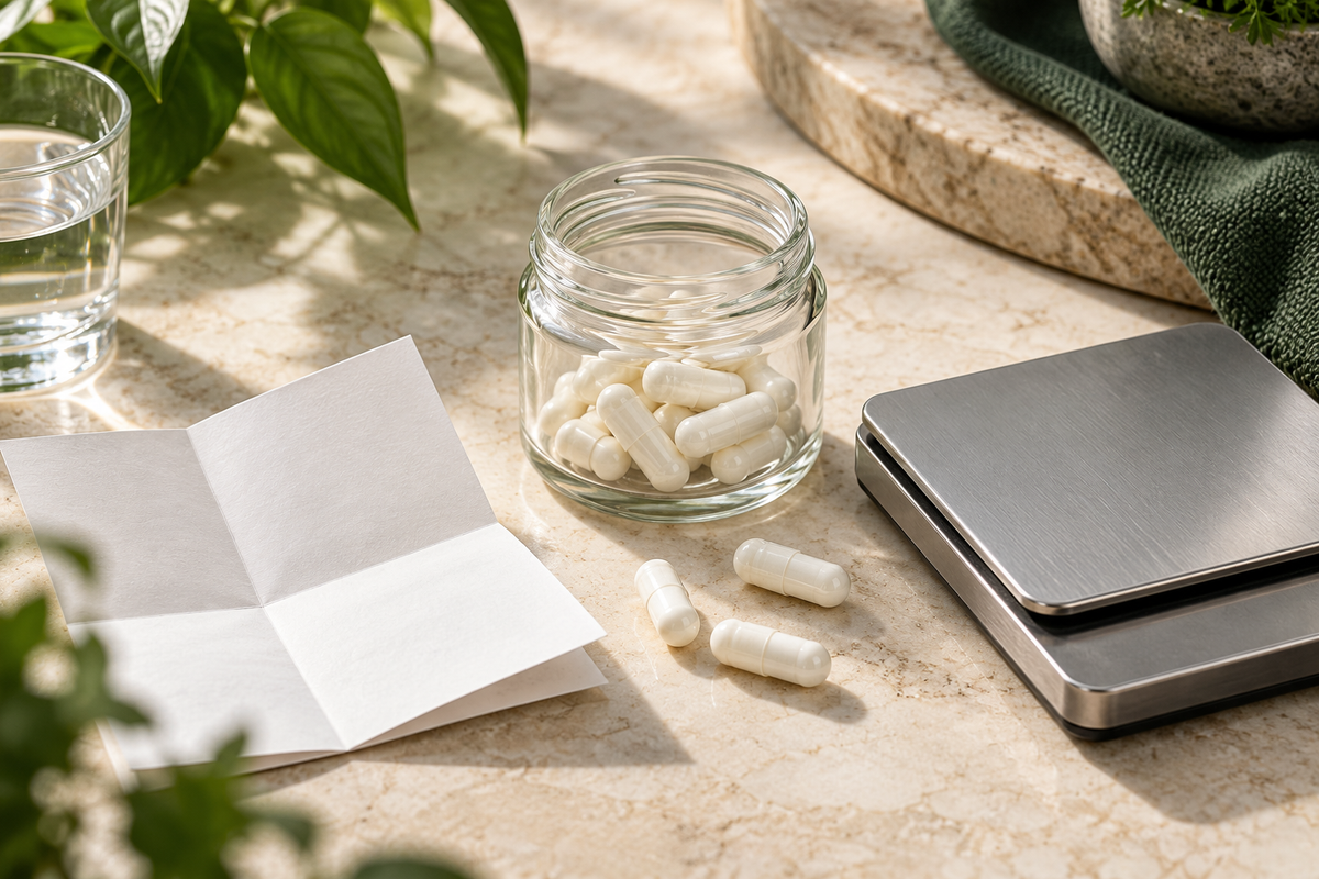 Capsules and a precision scale illustrating the importance of checking dose units.