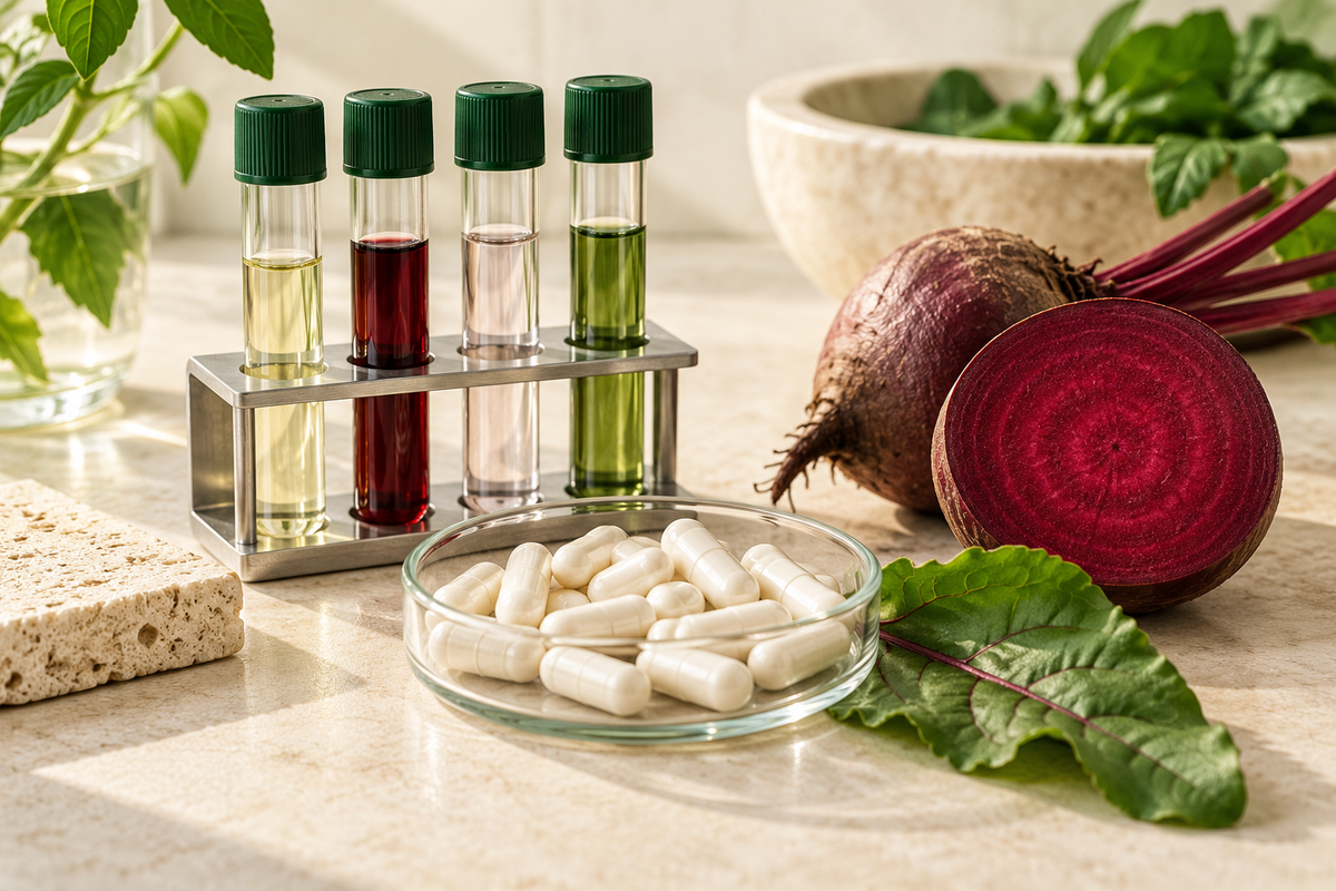 Laboratory tubes, capsules and food sources illustrating homocysteine research.
