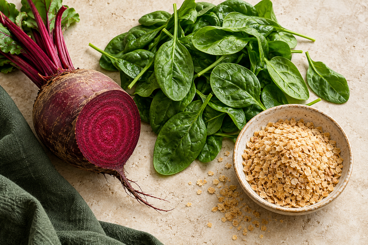 Raw beetroot, spinach leaves and toasted wheat germ arranged in separate bowls.